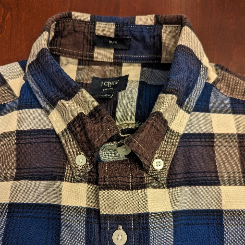 J Crew Oxford slim cut long sleeve plaid flannel shirt, size medium